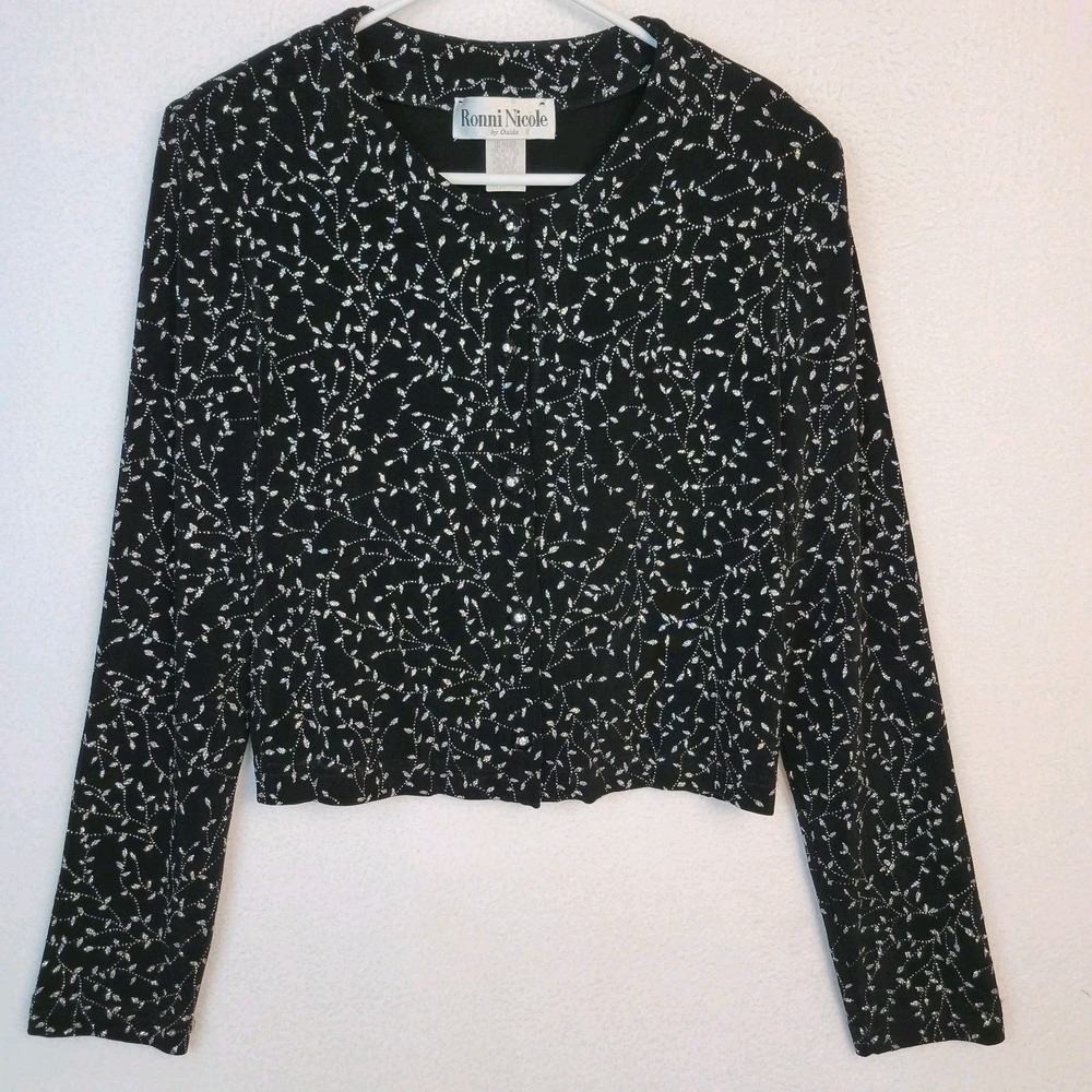 VTG Ronni Nicole Rhinestone Button Cropped Cardigan Black Shimmer Beaded Knit